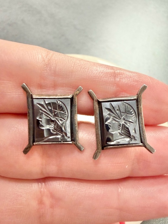 Jewelry - Vintage Sterling Silver Cameo Trojan Roman Soldier Cuff Links Carved Hematite